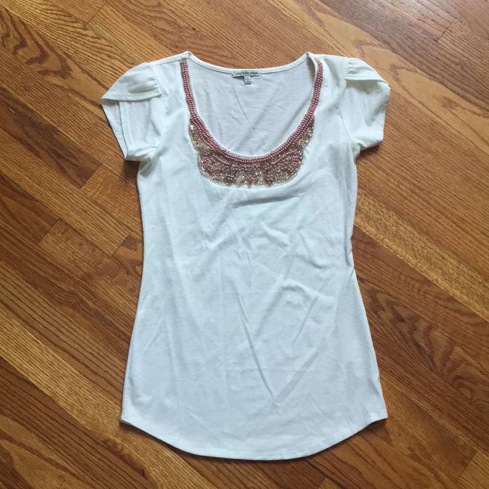 White top with pink/ gold beading